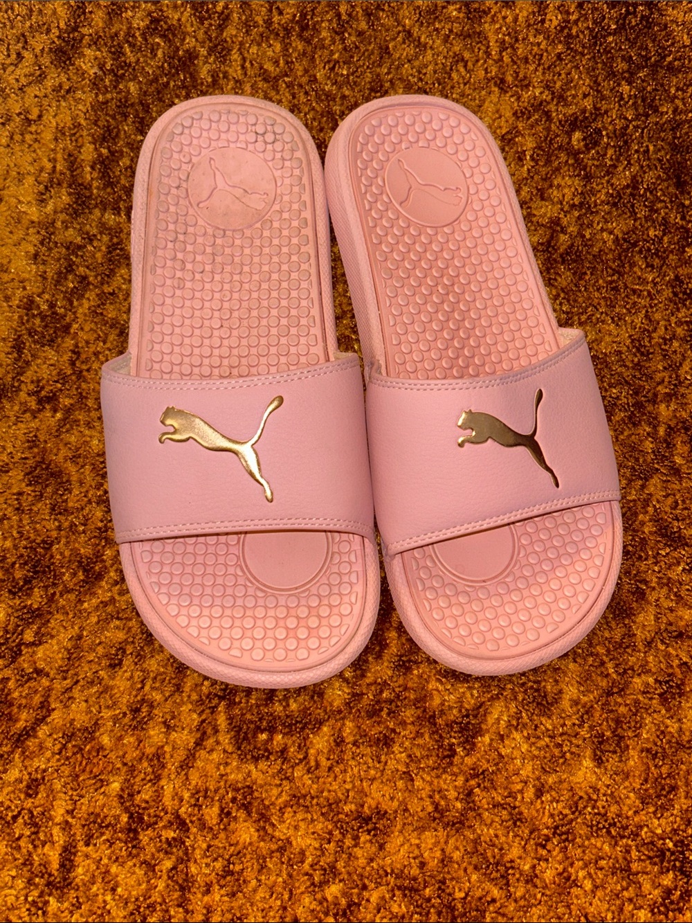 Puma Pink Slide Sandals with Gold Puma Emblem